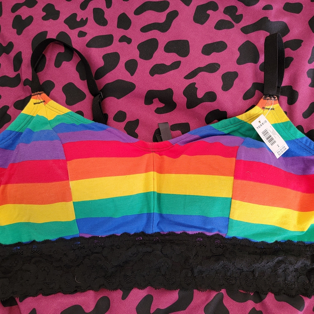 Rainbow Striped Bralette with Black Lace Trim
